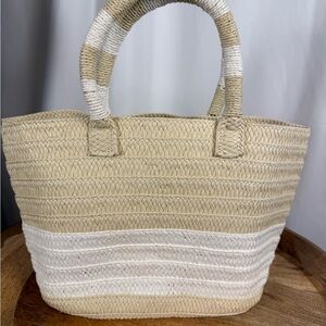 ALTRU Woven Straw Tote Beach Market Bag Beige White